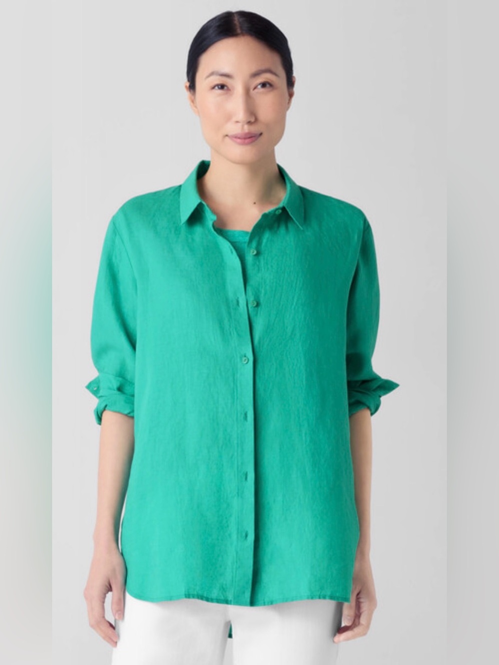 Like New Eileen Fisher Organic Linen XL Relaxed fit teel green button down